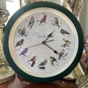 VTG Audubon Bird Clock Singing Sounds National Society 13 1/4" Wall Green WORKS!